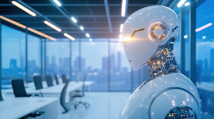 Advanced humanoid robot in modern office space, futuristic technology, artificial intelligence, innovation concept.