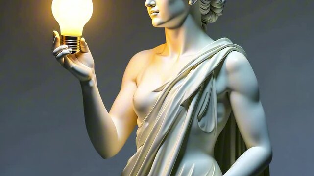 An antique statue of white marble in a cape holds a brightly burning lamp on a gray background in his hand, a smooth approach. The Concept of Creative Idea, Enlightenment, Knowledge