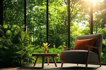 Fototapeta premium cozy living room with modern armchair, potted plant, and sunlight streaming through large windows, creating serene atmosphere