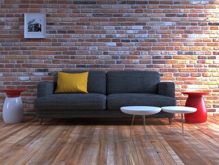 Modern living room with gray sofa, red and white side tables, and brick wall.