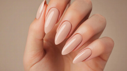 Elegant long almond shaped nails with glossy nude finish