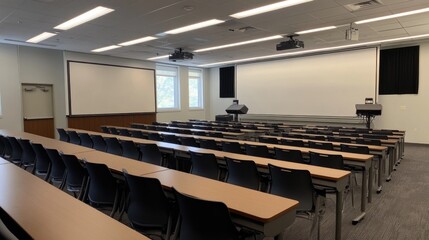 Modern classroom with rows of empty desks, a large whiteboard, and bright overhead lighting, ready for a lesson.