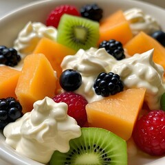 fresh fruit berries kiwi peach salad with mayonnaise