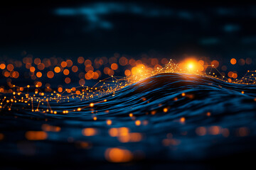 digital wave in ocean with glowing lights and data connections, creating mesmerizing visual effect. scene captures beauty of technology and nature intertwined