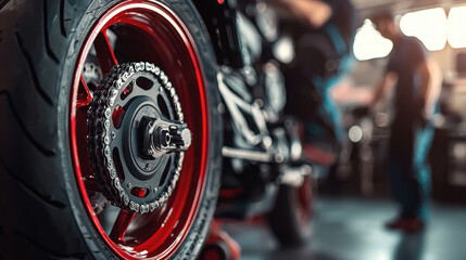 Fototapeta premium High quality motorcycle wheel with red rim and chain in workshop
