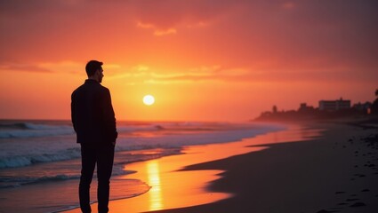 Fototapeta premium Solitary Man Silhouetted at Sunset on Ocean Beach Watching the Sun