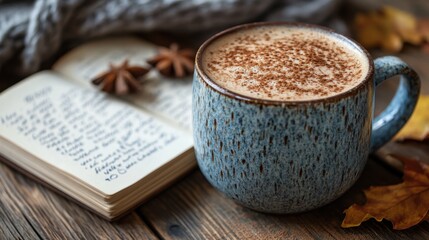 A warm cup of cocoa with frothy milk on a wooden table, next to an open journal with a handwritten reflection.