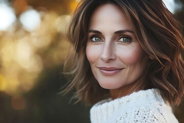 Obraz premium Smiling middle-aged woman with flawless skin, green eyes, and shoulder-length hair in a white sweater, set against a park backdrop with a soft bokeh effect.
