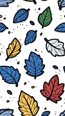 Fototapeta premium Colorful autumn leaves in red, blue, yellow, and green scattered on white seamless background, evoking playful seasonal vibe