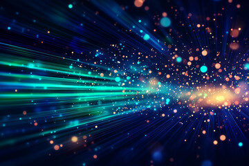 Vibrant abstract background with glowing green and blue lights, creating dynamic visual effect. interplay of colors and light evokes sense of energy and movement