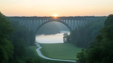 Sunrise over a majestic arched bridge amidst misty green hills