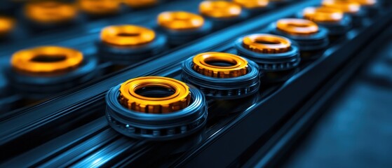 Precision Engineering: A Close-Up of High-Tech Bearings on a Conveyor Belt, Showcasing Industrial Technology and Advanced Manufacturing