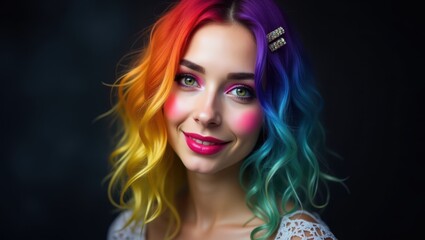 Naklejka premium Vibrant Rainbow Hair Woman Colorful Wavy Hairstyle Trendy Makeup Portrait
