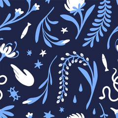 Repeatable pattern of abstract flowers with blue leaves. Endless background with mystic blossom plants. Monochrome backdrop of esoteric floral art, bloom nature. Flat seamless vector illustration