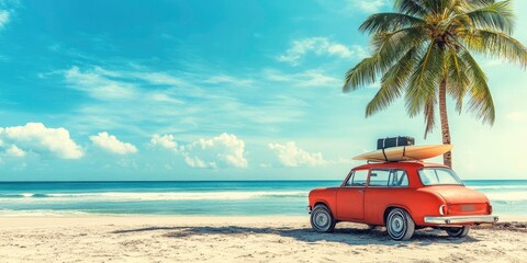 Retro red car with surfboards on beach ready for summer vacation