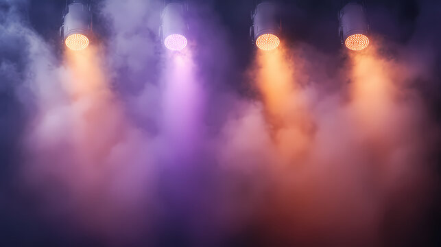 Six stage lights in smoky haze. ideal for concert, music, or event backgrounds. Smoky Glow. Illustration