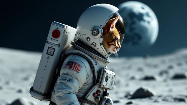 A fluffy cat in a white astronaut suit stands on the Moon surface, gazing into space. Earth is visible in the background, creating a whimsical and futuristic sci-fi scene.