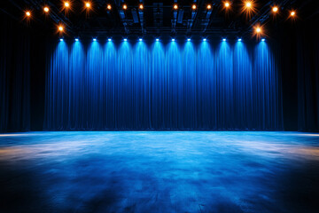 spacious blue stage with dramatic lighting and concrete floor, perfect for performances and events. atmosphere is vibrant and ready for action