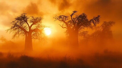Fototapeta premium Golden sunset over African savannah, silhouettes of majestic baobab trees, misty ambiance with glowing dust, and serene golden hour hues.