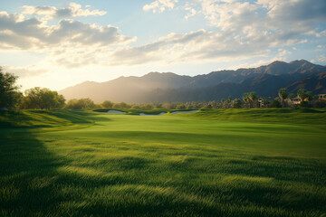 Naklejka premium serene golf course landscape with lush green grass, mountains, and soft sunlight. scene captures beauty of nature and tranquility, perfect for golf enthusiasts