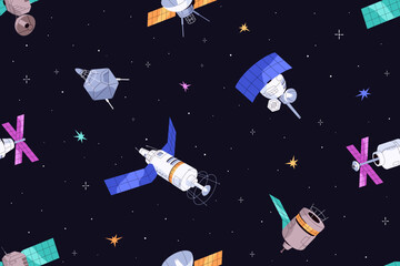 Endless background with outer space and different cosmic stations. Repeatable pattern of artificial satellites of Earth. Spacecrafts, shuttles fly in cosmos. Flat seamless vector illustration © Paper Trident