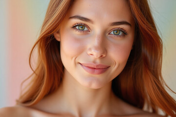 Obraz premium Close-Up Portrait of a Beautiful Young Australian Green-Eyed Girl with Pastel Background