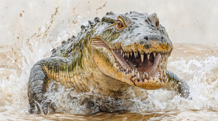 Obraz premium A powerful alligator emerges from the water with an open mouth, showcasing its sharp teeth. The scene captures the raw intensity of this fierce predator in its natural habitat