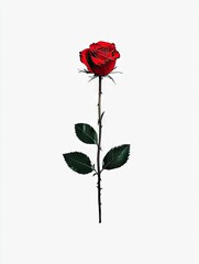 Single red rose, stem, leaves, white background, romantic, card
