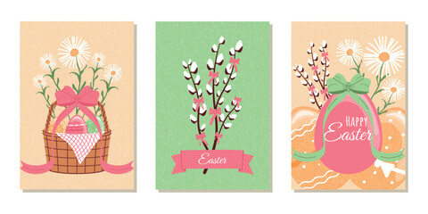 Fototapeta premium A set of modern greeting cards for Easter. Vector template for posters, banners, covers, advertisements, postcards and more.