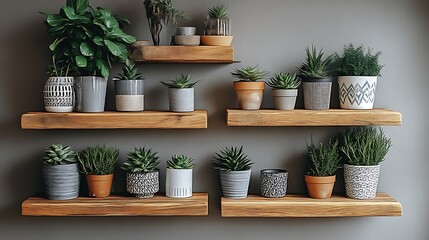 Wooden Shelves Displaying Several Potted Plants Against a Gray Background