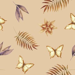 Tropical floral pattern featuring butterflies and leaves in warm tones