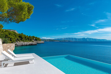 Fototapeta premium stunning infinity pool with white sun loungers overlooks serene blue sea and lush green landscape, creating tranquil and luxurious atmosphere