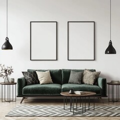 Modern living room with green velvet sofa, two frames, and coffee table.