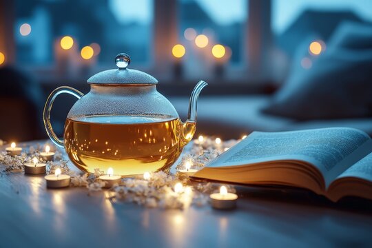 Glass teapot with warm herbal tea surrounded by candlelight, creating a cozy evening ambiance, tea steam rising gently, inviting relaxation and comfort.
