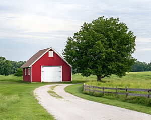 Obraz premium Red barn with white trim on a country road