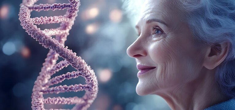 A smiling elderly woman with white hair admires a DNA double helix, set against a vibrant pink and blue gradient. Photorealistic studio shot with vivid, detailed lighting.