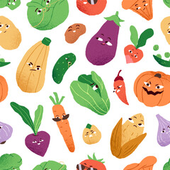 Different cute vegetable characters with happy, smile, sad, angry faces on endless background. Repeatable pattern of funny farm food, comic veggies with emotions. Flat seamless vector illustration