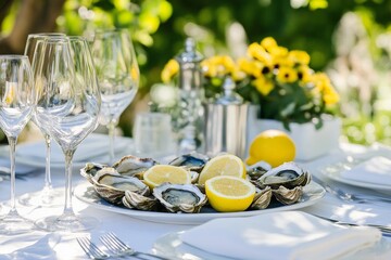 Elegant outdoor dining with fresh oysters and lemon slices
