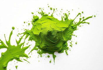 A vibrant green matcha powder pile, viewed from above, sits on a pristine white background, background, vitamins