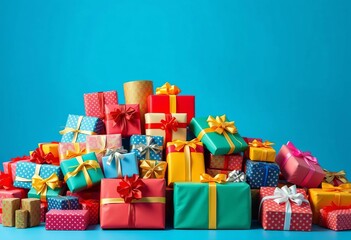 A vibrant hill of colorful wrapped gifts sits against a bright blue backdrop, joyful, hill