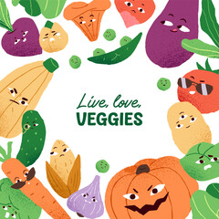 Design of card with round frame of funny vegetables. Circle shape with different farm food characters and place for text. Cute pumpkin, cucumber, tomato, carrot on template. Flat vector illustration