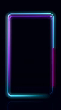 Rectangular frame formed by 4 lines of blue, yellow, magenta and purple moving around the frame on a reflective surface against a black background. Loop sequence. 3D Animation