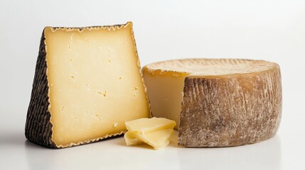 Two distinctive pieces of cheese elegantly positioned for a tasty treat on a neutral background