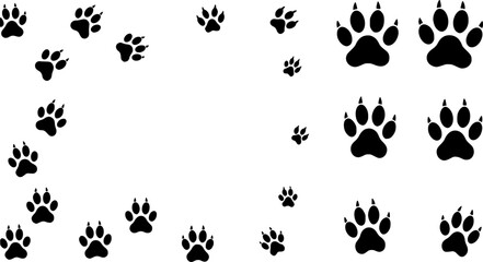 Different animal paw. Paw prints silhouette. Footprints dog and cat with claw. Imprint legs isolated on white background. Vector illustration.

