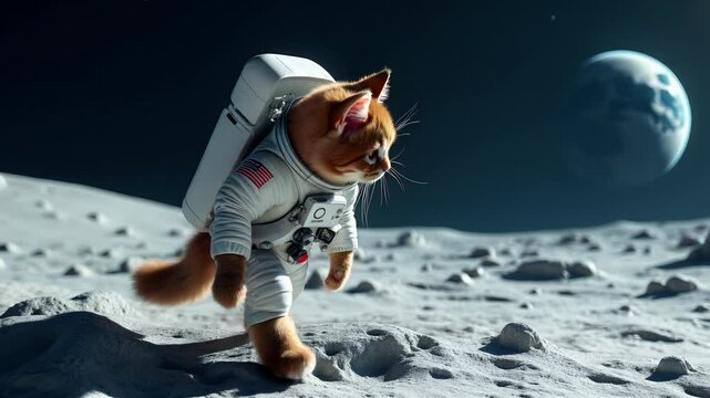 A fluffy cat in a white astronaut suit stands on the Moon surface, gazing into space. Earth is visible in the background, creating a whimsical and futuristic sci-fi scene.