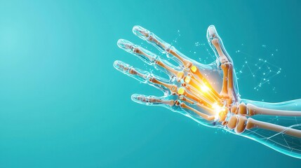 Human Hand Anatomy with Highlighted Bones and Veins on Blue Background