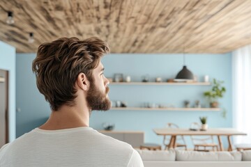 Fototapeta premium A handsome man with a beard in his modern apartment with a wooden ceiling and light blue walls. There is a dining table in the living room and shelves in the kitchen.