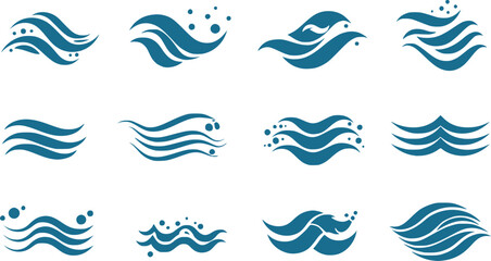 Fototapeta premium Water wave line art set. Wave beach vector symbol or logo design collection. Abstract water waves see blue vector design elements. 