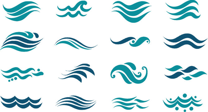Water wave line art set. Wave beach vector symbol or logo design collection. Abstract water waves see blue vector design elements.
