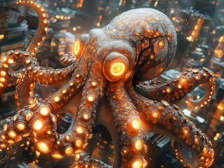 Octopus in Cyberpunk Metropolis: A bioluminescent creature with glowing eyes and tentacles amidst futuristic urban architecture, a fusion of nature and technology.